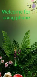 Nature-themed wallpaper with green plants and mushrooms.