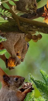 Two squirrels on a tree branch in a forest setting eating nuts.