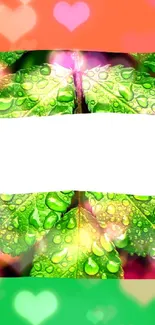 Green leaves with tricolor stripes in nature-themed wallpaper.