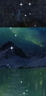 A serene night sky with stars above mountains and a forest path.