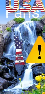 Vibrant USA-themed waterfall with nature and caution sign.