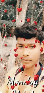 Young man with Monday Mood in forest background.