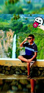 A young boy wearing sunglasses enjoys a scenic view with a waterfall.