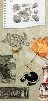 Vintage collage wallpaper with natural sketches and lighthouse.