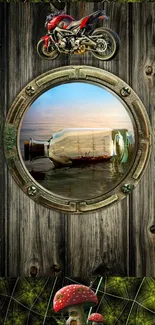 Adventure-themed wallpaper with ship in bottle, mushrooms, and motorcycle.