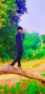 Man walking on a fallen log amid lush green nature scene.