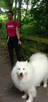 Woman walks fluffy white dog on a forest path.