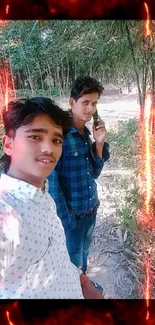 Friends enjoying nature walk amidst lush green bamboo forest.