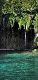 Serene waterfall with lush greenery on a mobile wallpaper.