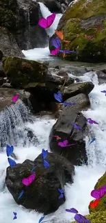 Waterfall cascading over rocks with fluttering colorful butterflies.