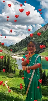 Mountain landscape with red hearts overlaying a serene lake and greenery.