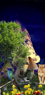 Vibrant wildlife and nature scene with trees, birds, mushrooms, and a lion.