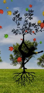 Yoga silhouette merging with tree, set in a natural landscape of blue sky and grass.