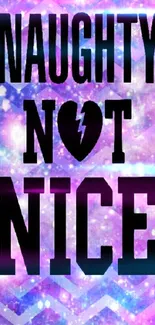 Naughty Not Nice text on a purple chevron background.