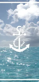 Nautical wallpaper with an anchor and blue ocean under a cloudy sky.