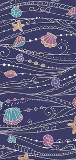 Nautical themed mobile wallpaper with seashells and starfish on a blue background.