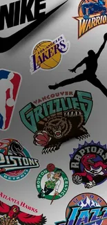 Collection of NBA team logos with Nike symbol on gray background.