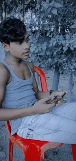 Young man casually seated outdoors in a red chair.