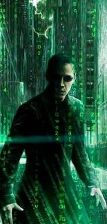 Neo standing in the digital Matrix world with a green glowing effect.