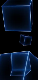 Neon blue 3D cubes on a black background, futuristic mobile wallpaper.