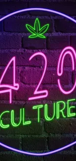 Neon 420 culture design on dark brick wall.