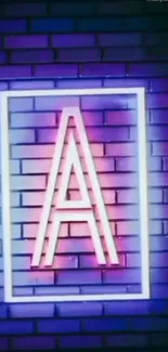 Neon letter A on purple brick wall glowing brightly.