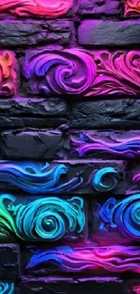 Neon abstract art on brick wall, vibrant colors