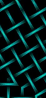 Neon turquoise abstract grid wallpaper on black background.