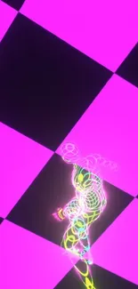 Vibrant neon checkered grid with 3D abstract figure.