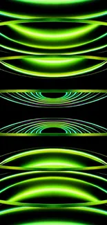 Vibrant neon green abstract shapes on black background.