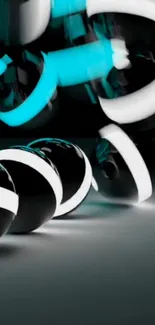 Futuristic neon spheres on black background.