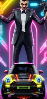 Neon-themed wallpaper with a suited man and a car, vibrant city lights.