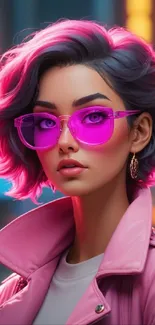 Stylish woman with neon pink sunglasses and a vibrant aesthetic vibe.