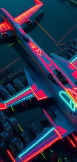 Vibrant neon airplane flying over a cityscape at night, glowing with electric colors.