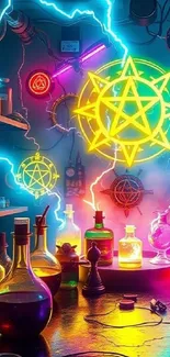 Neon alchemy lab with colorful bottles and vibrant symbols in a magical setting.