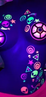 Neon body art wallpaper with alien design in purple glow.