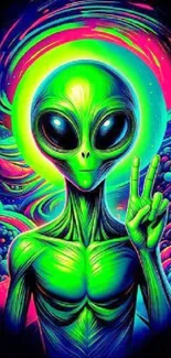 Vivid neon alien giving peace sign with cosmic backdrop.