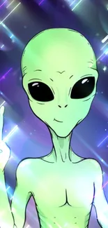 Neon green alien with peace sign in cosmic background.