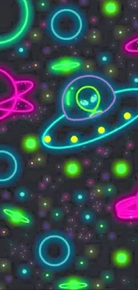 Vibrant neon wallpaper with aliens and planets in space.