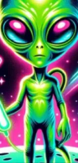 Neon green alien in a colorful space scene with galaxy elements and sci-fi design.