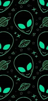 Neon green alien heads on a black background with space elements.