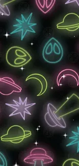 Neon alien and space themed wallpaper with vibrant glowing symbols.