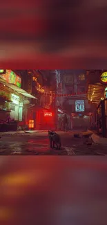 Cyberpunk alley with neon signs and a cat exploring the urban night.