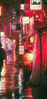 Silhouette in neon-lit rainy city alley, vibrant red hues dominate the scene.