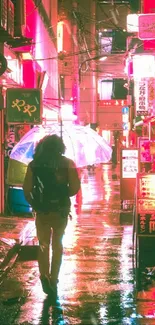 Neon-lit alleyway at night with reflections.