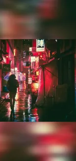 Neon-lit urban alley at night with vibrant city lights.