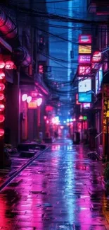 Vibrant neon-lit alleyway at night, glowing in magenta hues.