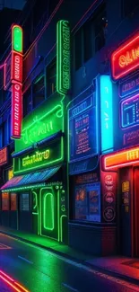 Neon-lit urban alley with vibrant signs.