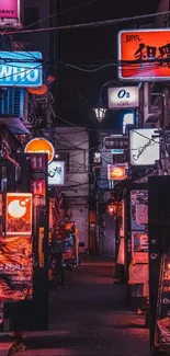 Neon-lit alleyway with vibrant signs and urban night scenery.