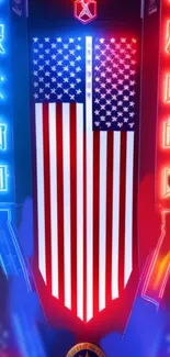 Neon American flag with futuristic elements in vibrant colors.